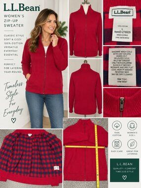 L.L.Bean Women’s L Red 100% Cotton Full Zip Sweater Buffalo Plaid Lined
